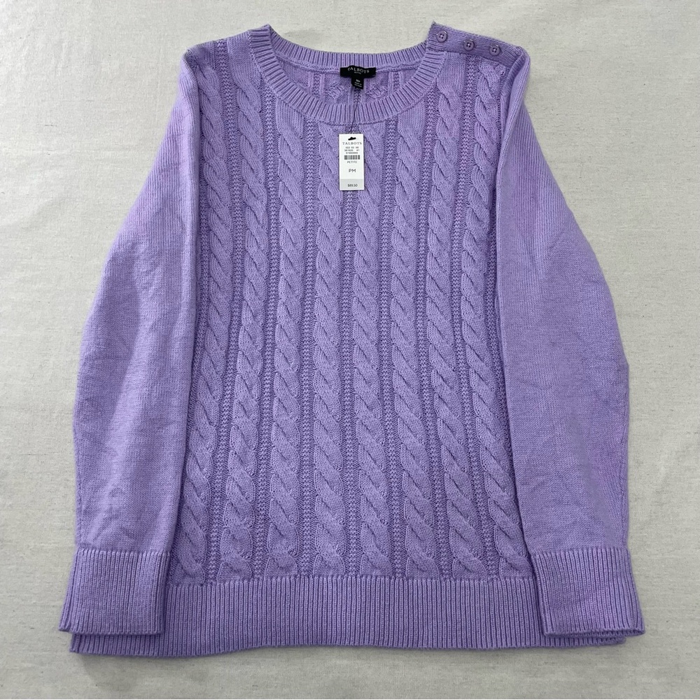 Talbots Womens Cable Knit Crewneck Purple Sweater Pullover Button Shoulder Sz MP